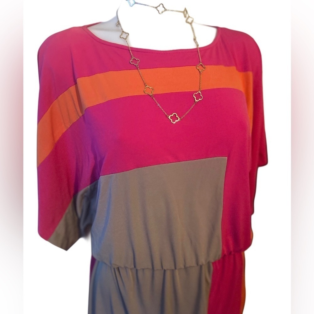 🍀 3 for $20 Suzi Chen Short Sleeve Dress Colorblock Hot Pink Orange Batwing - Picture 6 of 12